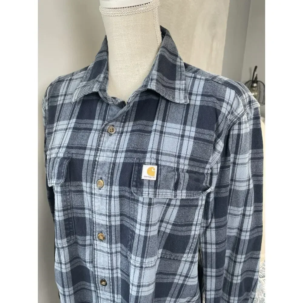 Carhartt Mens Medium Original Fit Blue Plaid Flannel Shirt 100% Cotton